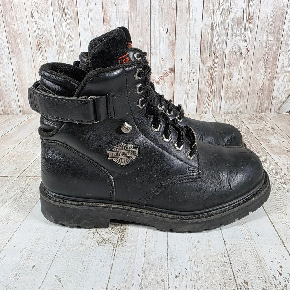 Harley Davidson Mens Black Leather Biker Boots Lace Up Ankle Strap 8.5 Wide Wide